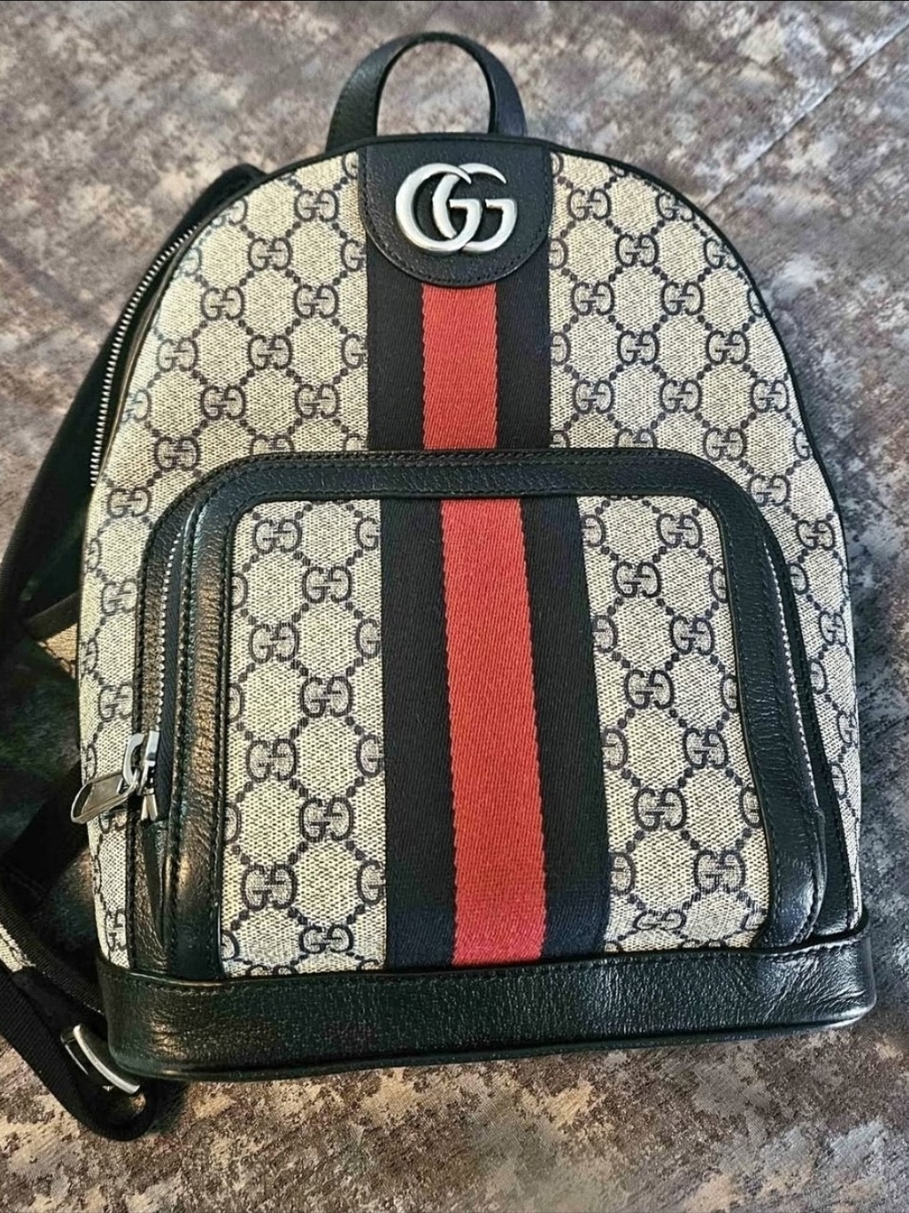 Gucci Beige GG Canvas Backpack with Black Trim and Red Stripe